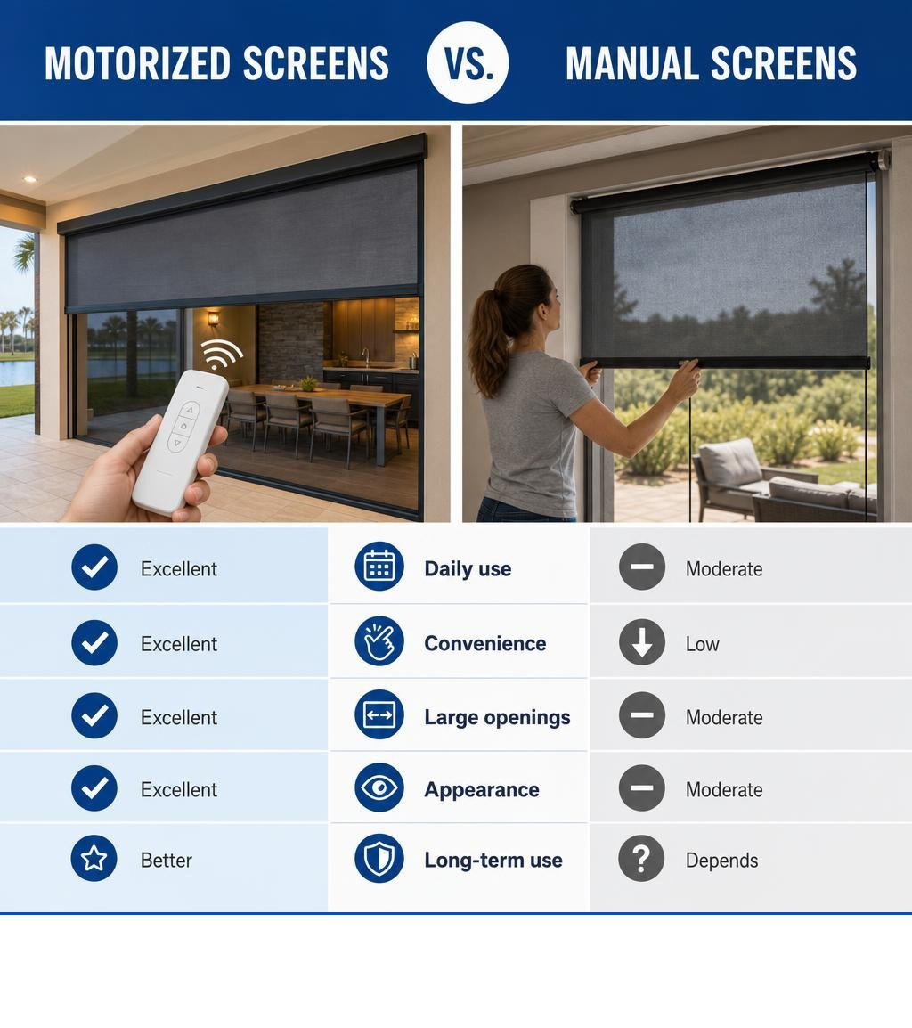 comparison infographic showing motorized screens vs manual screens infographic comparison infographic showing motorized screens vs manual screens infographic