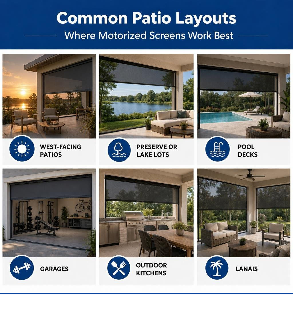 diagram of common patio layouts where motorized screens work best infographic diagram of common patio layouts where motorized screens work best infographic