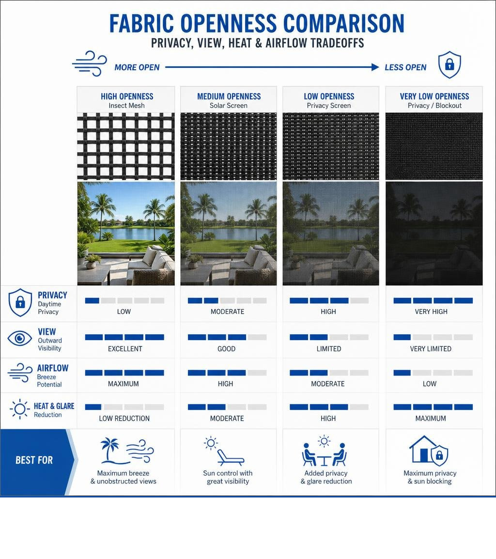 fabric openness comparison showing privacy view heat and airflow tradeoffs infographic fabric openness comparison showing privacy view heat and airflow tradeoffs infographic