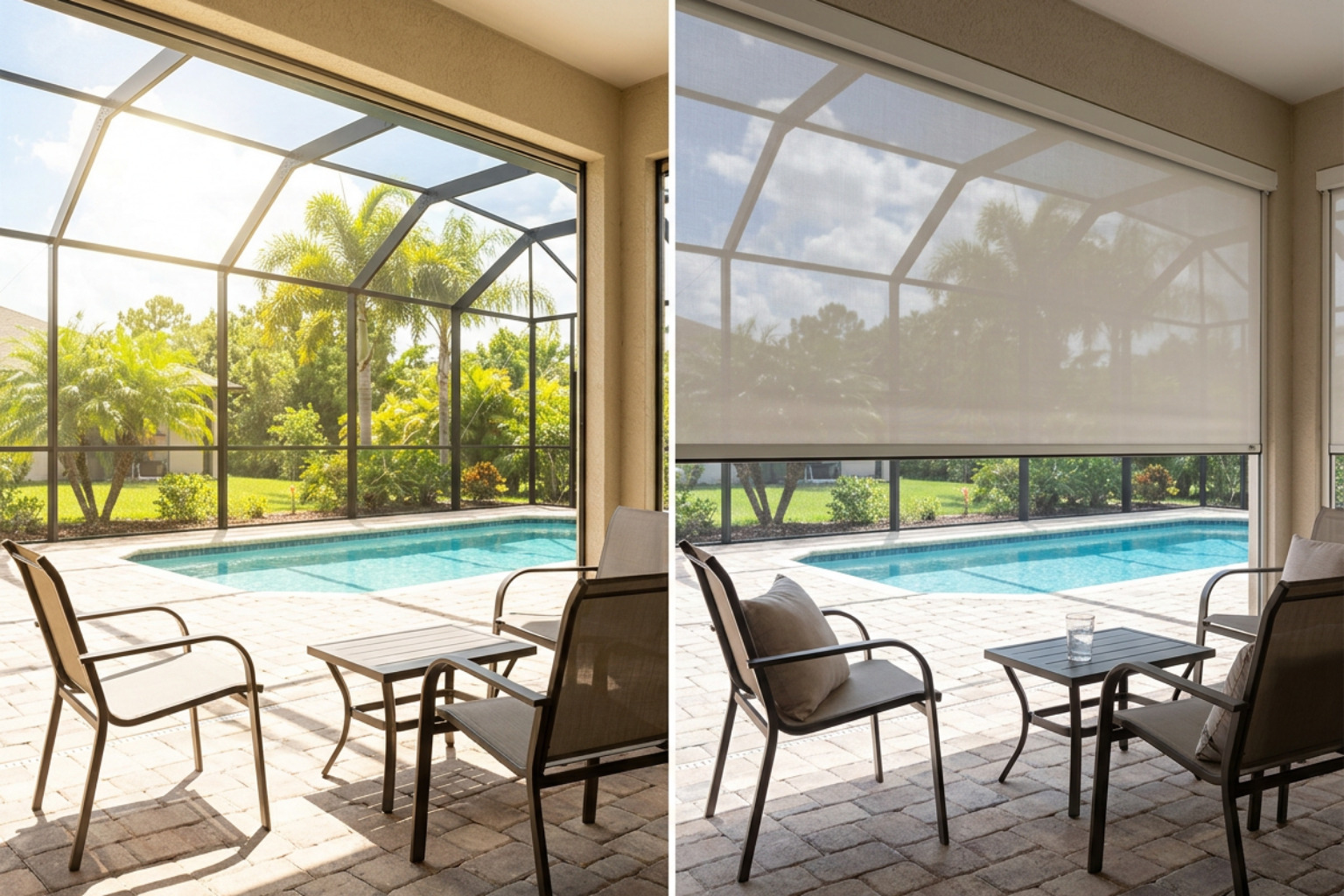 before and after patio showing unshaded side and motorized screen lowered before and after patio showing unshaded side and motorized screen lowered