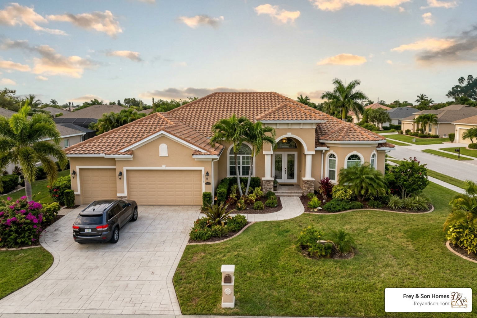 Smaller Southwest Florida style custom home exterior in a non-waterfront neighborhood