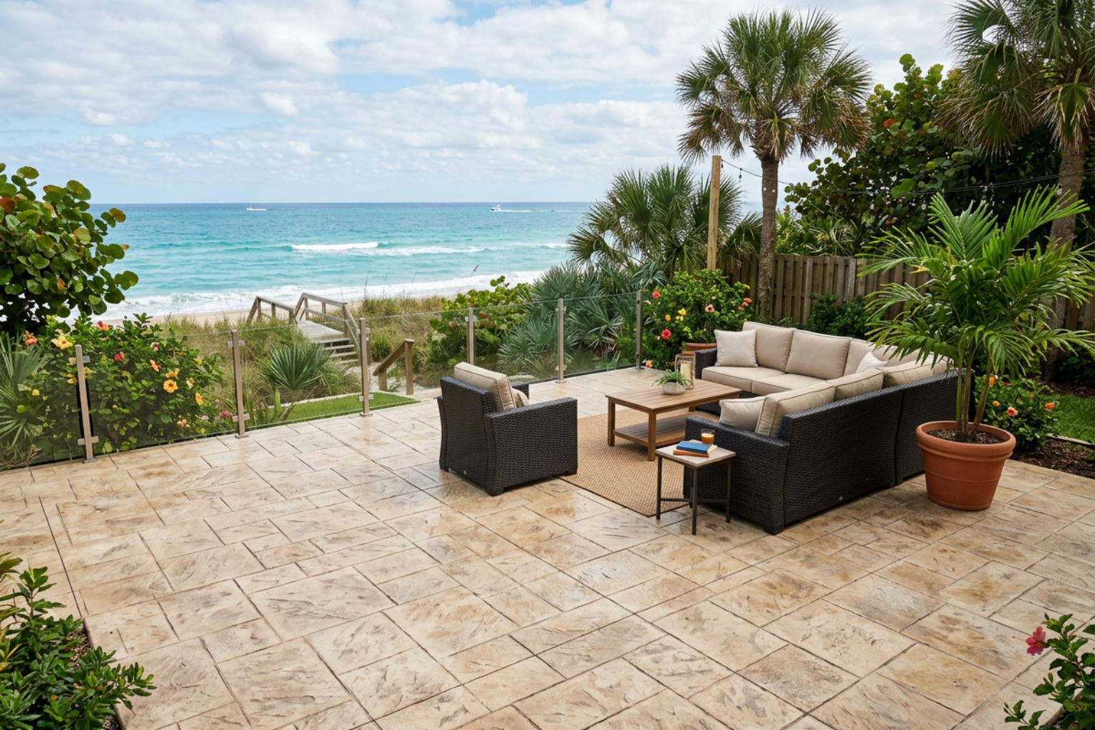 Ashlar slate stamped concrete patio design trends