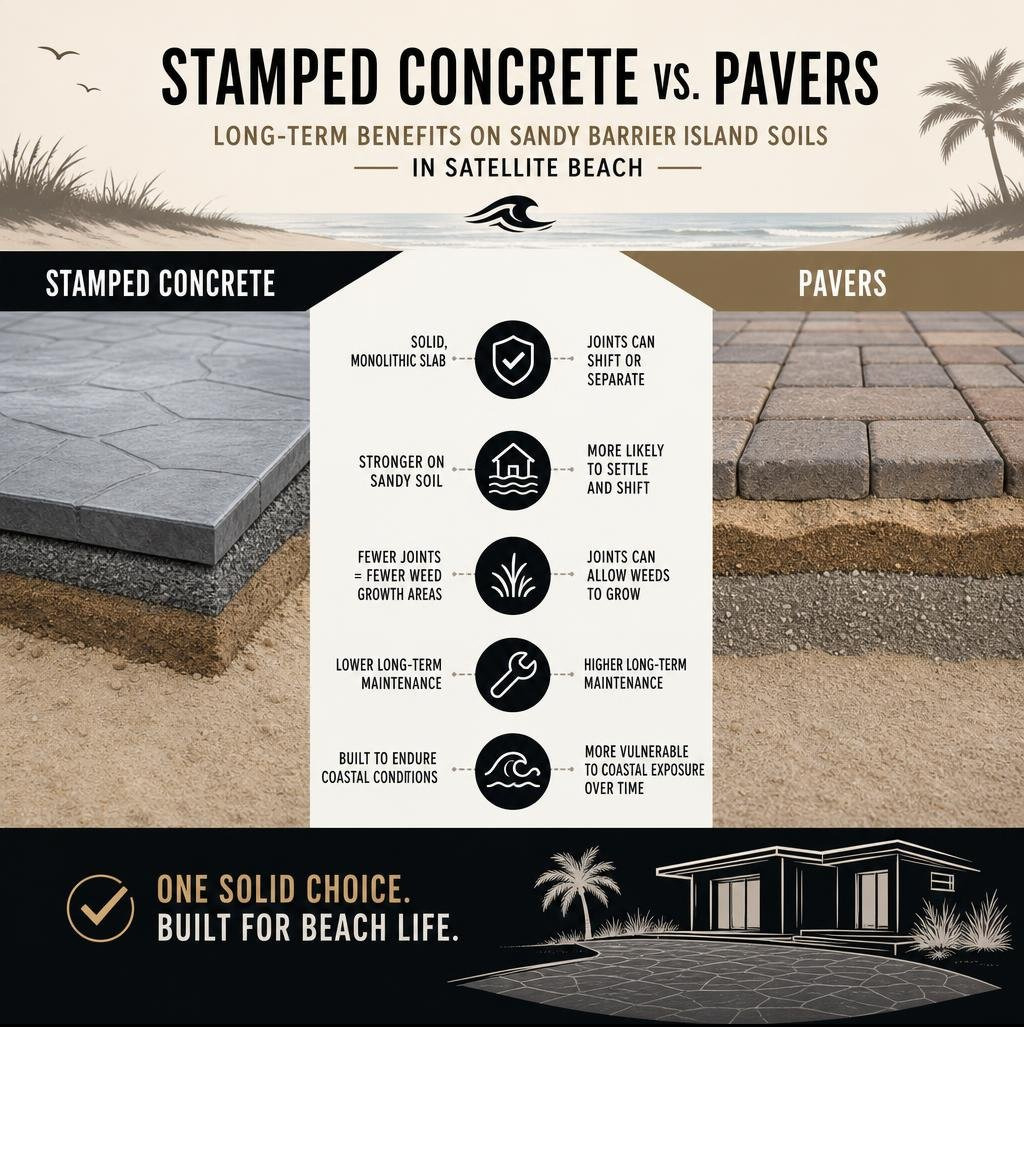 Stamped concrete vs. pavers long-term benefits on sandy barrier island soils in Satellite Beach infographic
