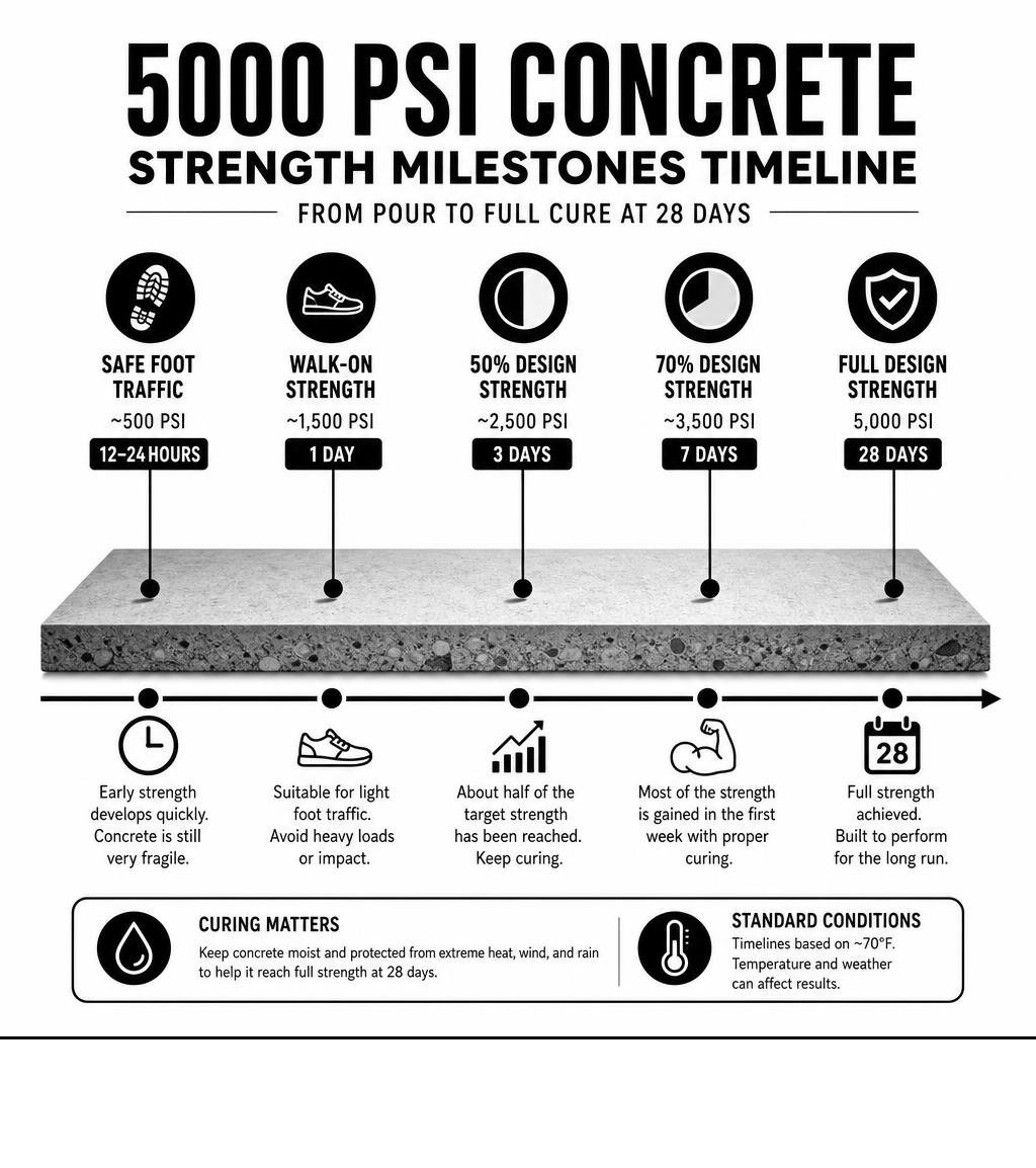 5000 PSI concrete strength milestones timeline from pour to full cure at 28 days infographic
