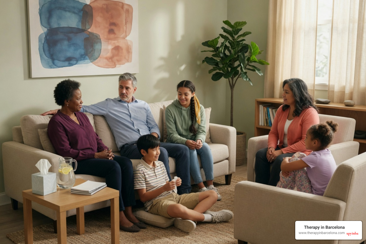 illustration of diverse family members in a therapy session, actively listening to each other - family conflict cultural sensitive therapy illustration of diverse family members in a therapy session, actively listening to each other - family conflict cultural sensitive therapy