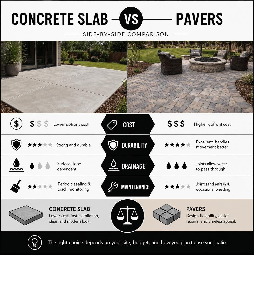 Concrete slab vs pavers comparison infographic showing cost, durability, drainage, and maintenance infographic