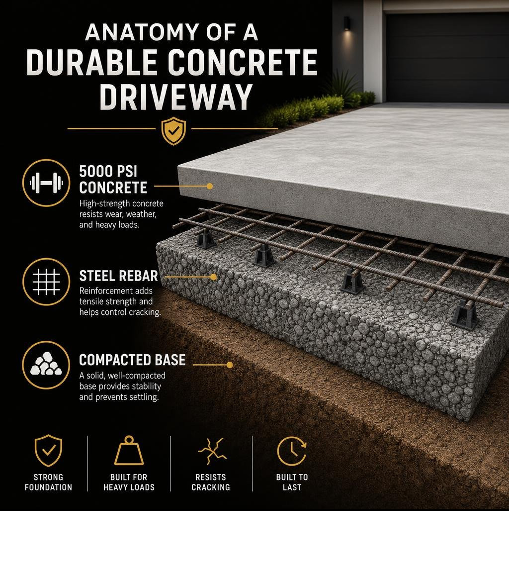 Anatomy of a durable concrete driveway: compacted base, steel rebar, and 5000 PSI concrete layers infographic