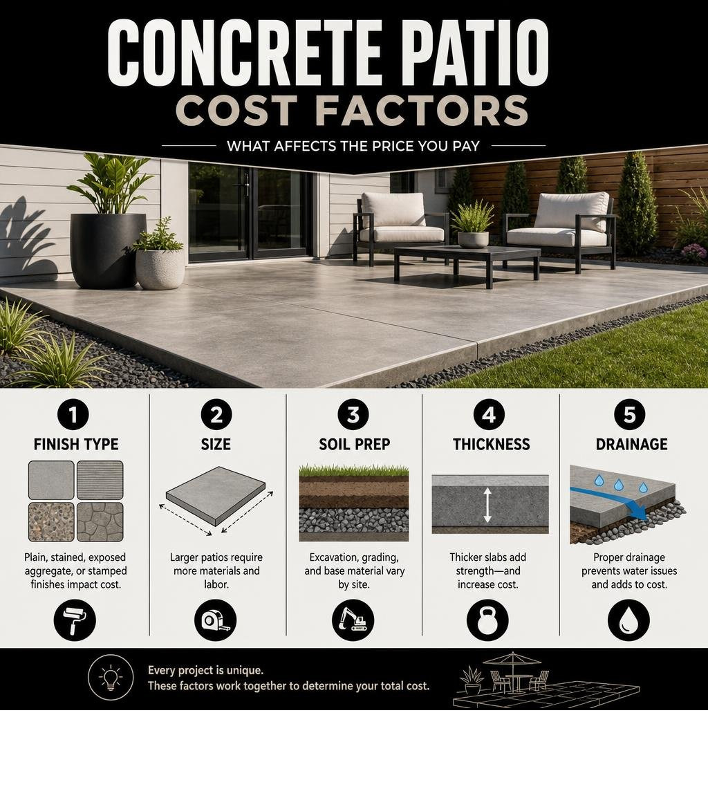Concrete patio cost factors infographic: finish type, size, soil prep, thickness, and drainage infographic
