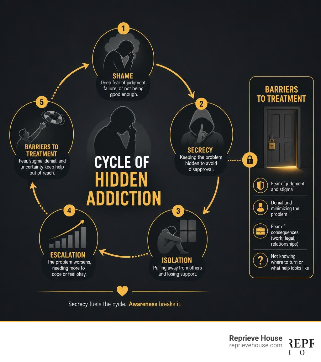 cycle of hidden addiction — shame, secrecy, isolation, escalation, and barriers to treatment infographic cycle of hidden addiction — shame, secrecy, isolation, escalation, and barriers to treatment infographic