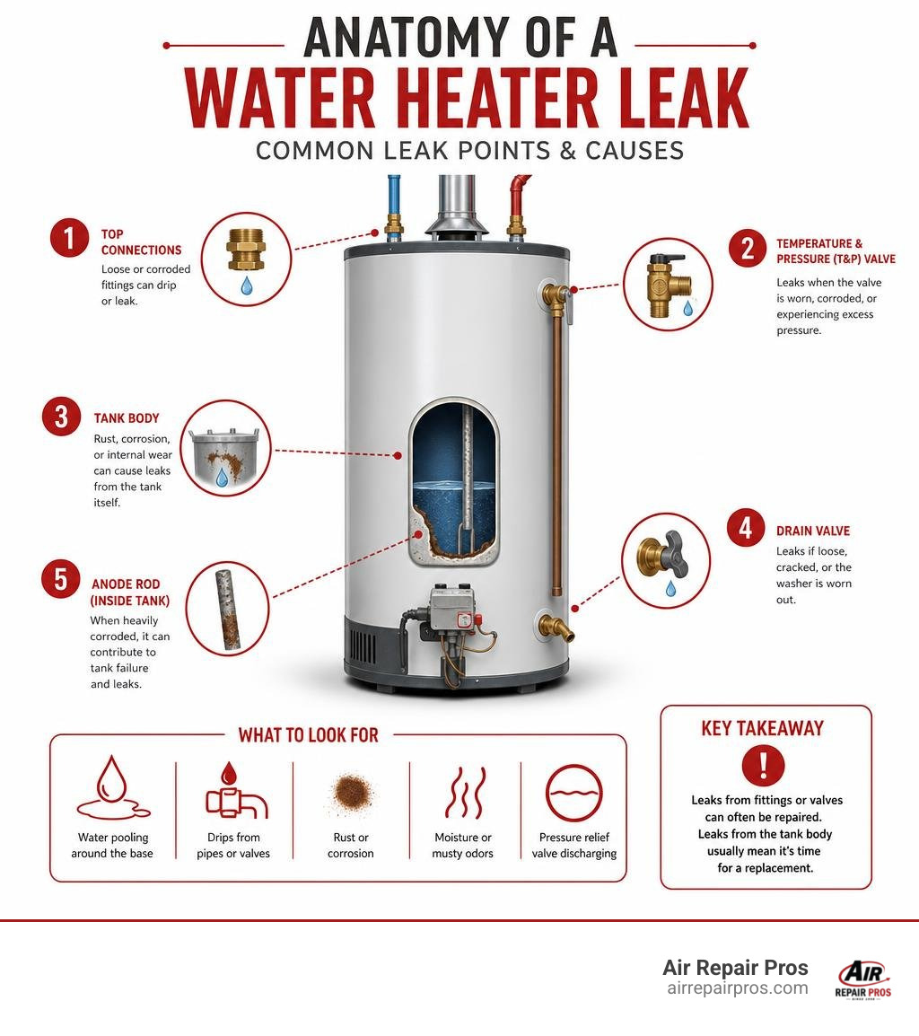 Anatomy of a water heater leak showing common leak points and causes infographic