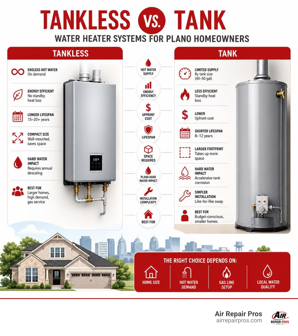 Infographic comparing tankless vs tank water heater systems for Plano TX homeowners infographic