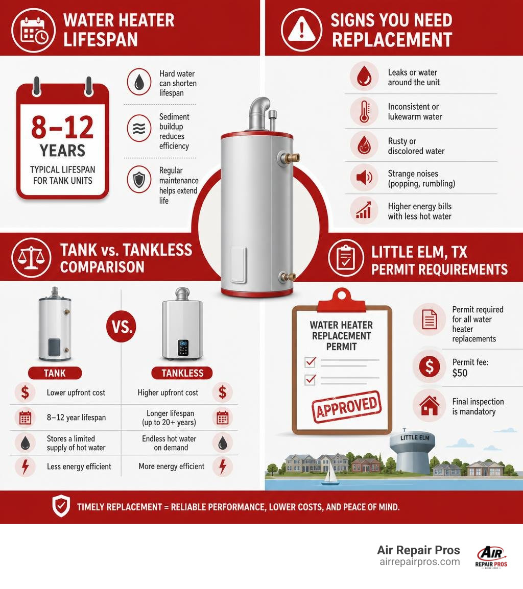Water heater lifespan, replacement signs, tank vs tankless comparison, and Little Elm permit requirements infographic