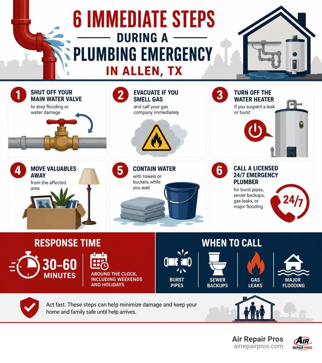 Infographic: 6 immediate steps during a plumbing emergency in Allen TX with response time and when to call infographic