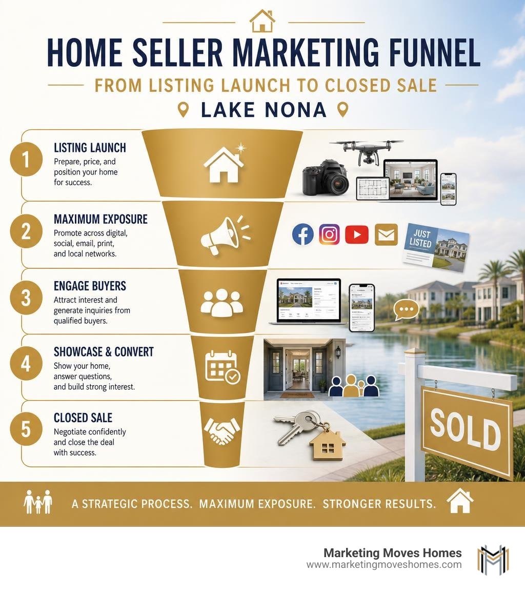 Home seller marketing funnel from listing launch to closed sale in Lake Nona infographic