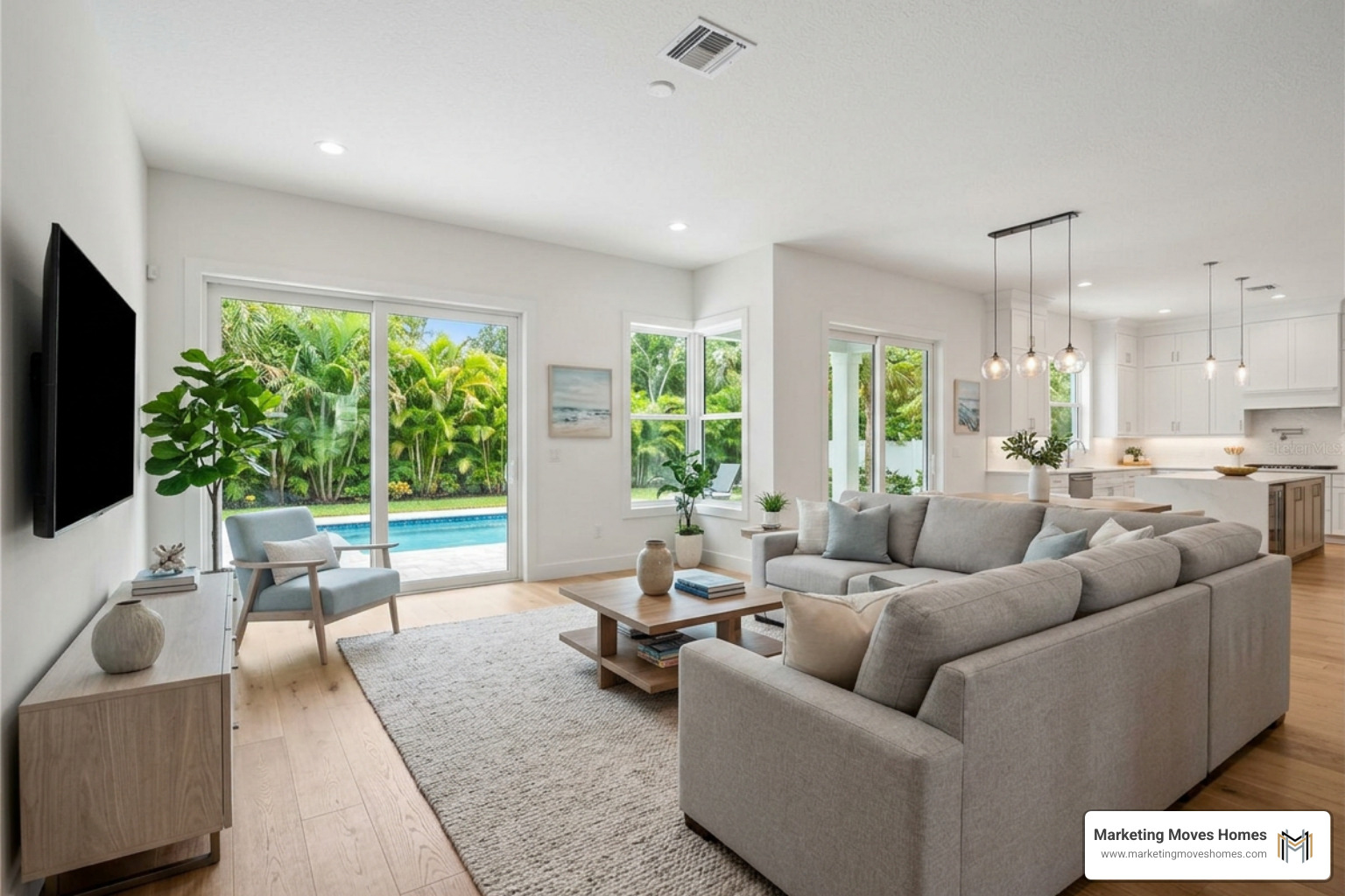 Professional real estate photography session capturing a bright, modern living room in Central Florida