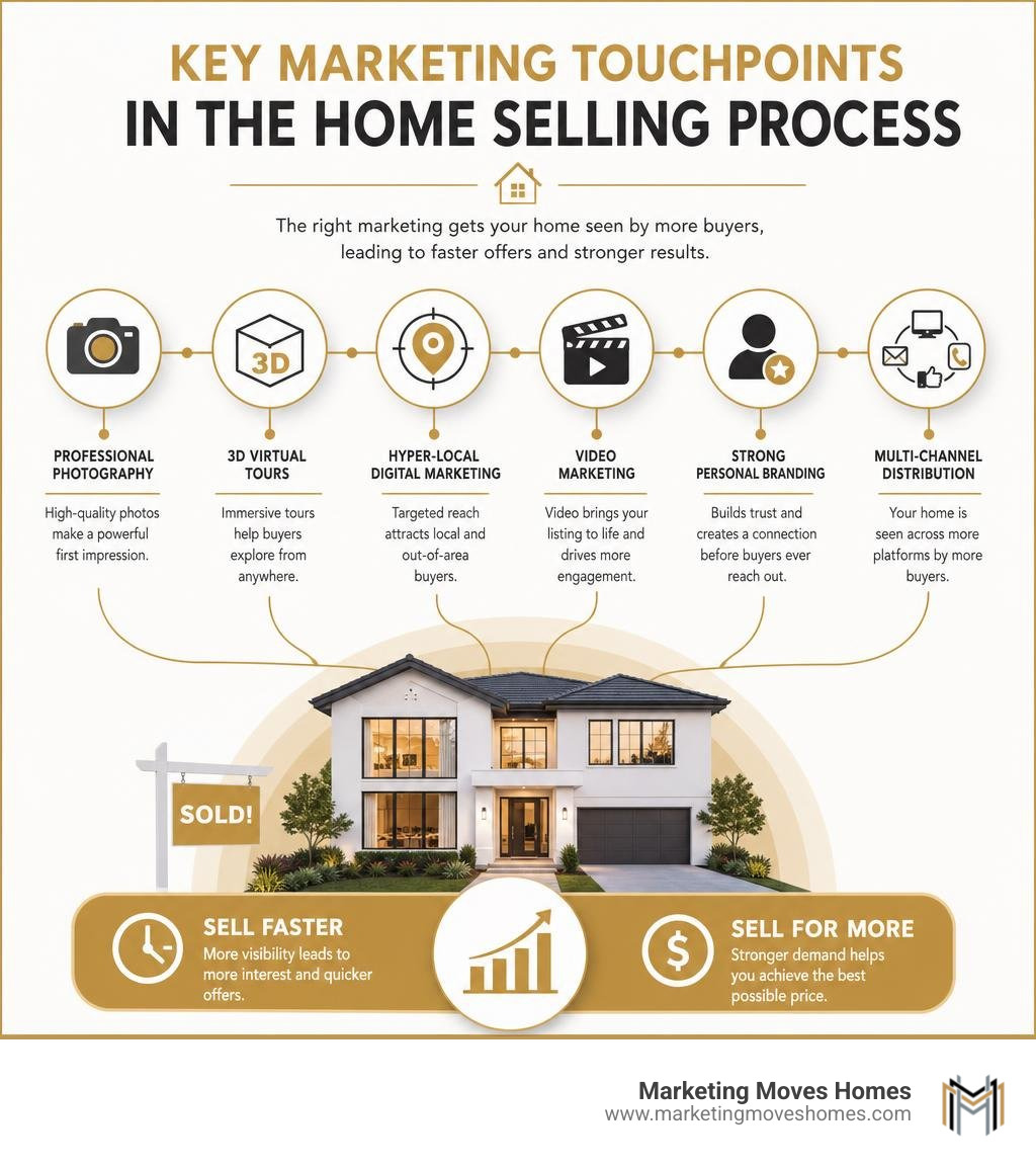 Infographic showing key marketing touchpoints in the home selling process and their impact on sale speed and price