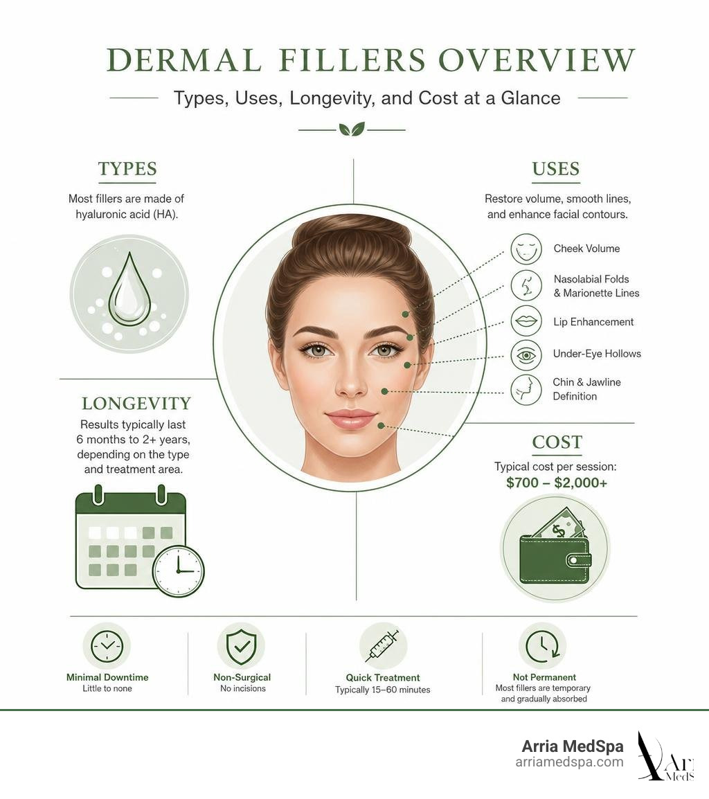 Dermal fillers overview: types, uses, longevity, and cost at a glance infographic Dermal Fillers Overview: Types, Uses, Longevity, And Cost At A Glance Infographic