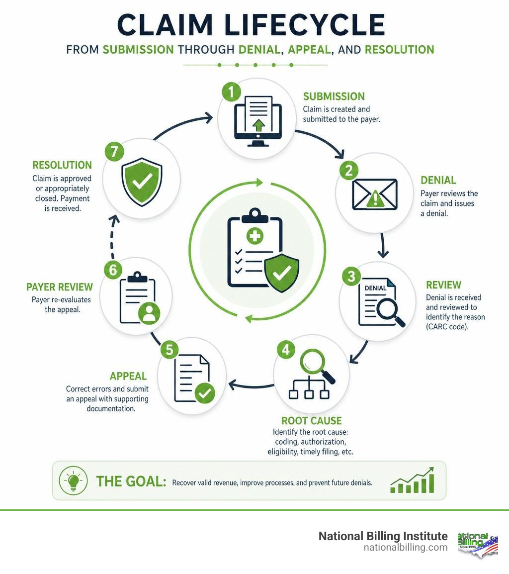 Claim lifecycle from submission through denial, appeal, and resolution infographic Claim lifecycle from submission through denial, appeal, and resolution infographic