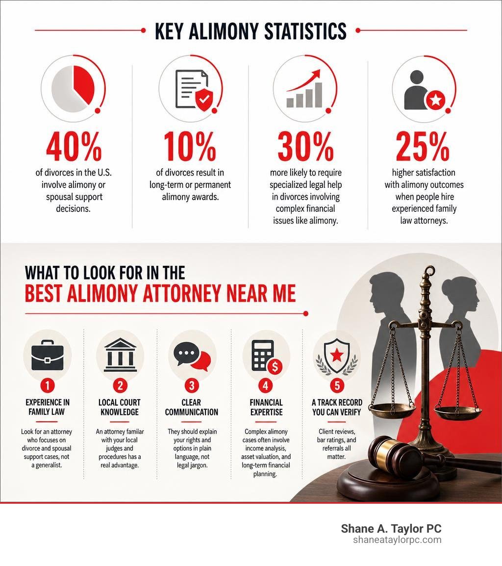 Key alimony statistics and what to look for in the best alimony attorney near me infographic