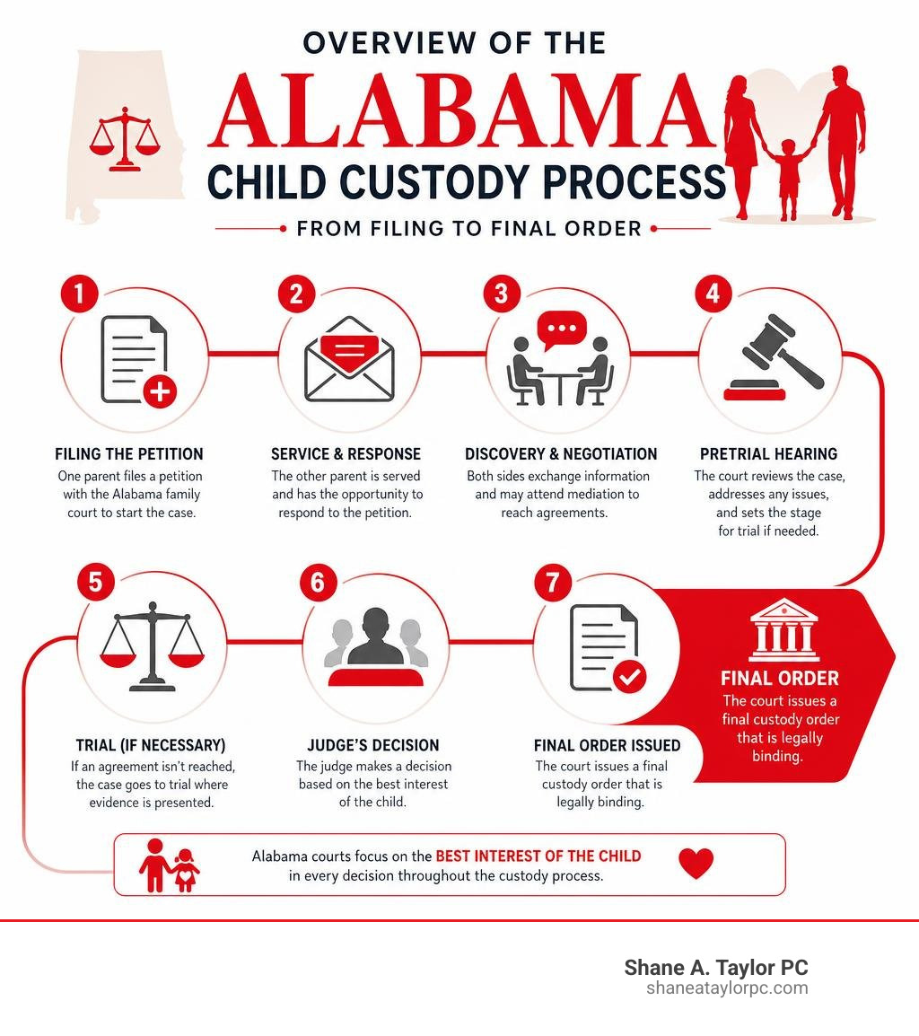 Overview of the Alabama child custody process from filing to final order infographic