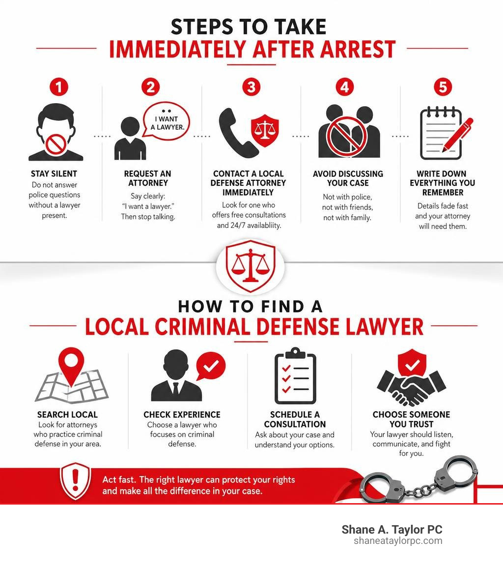 Steps to take immediately after arrest and how to find a local criminal defense lawyer infographic