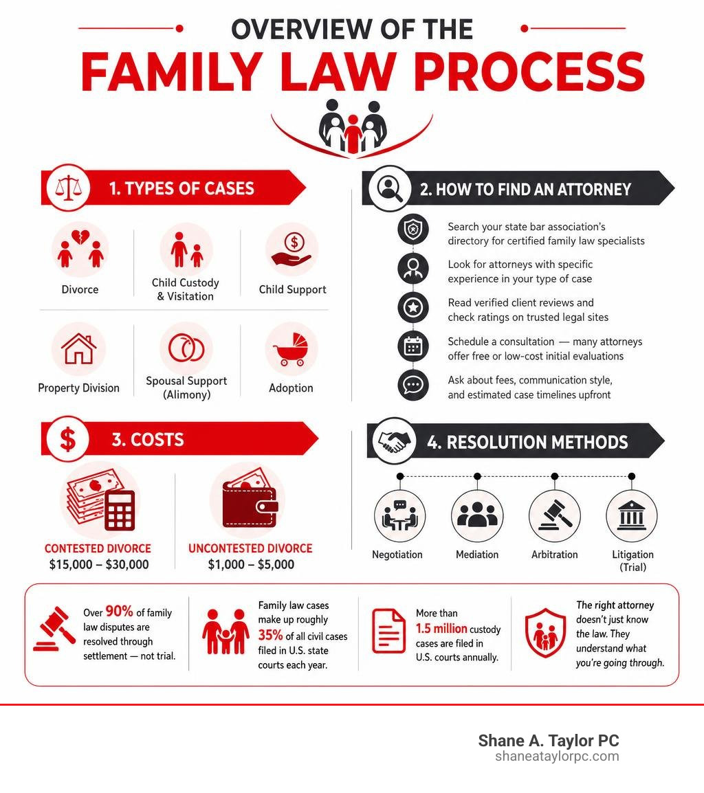 Overview of the family law process: types of cases, how to find an attorney, costs, and resolution methods infographic