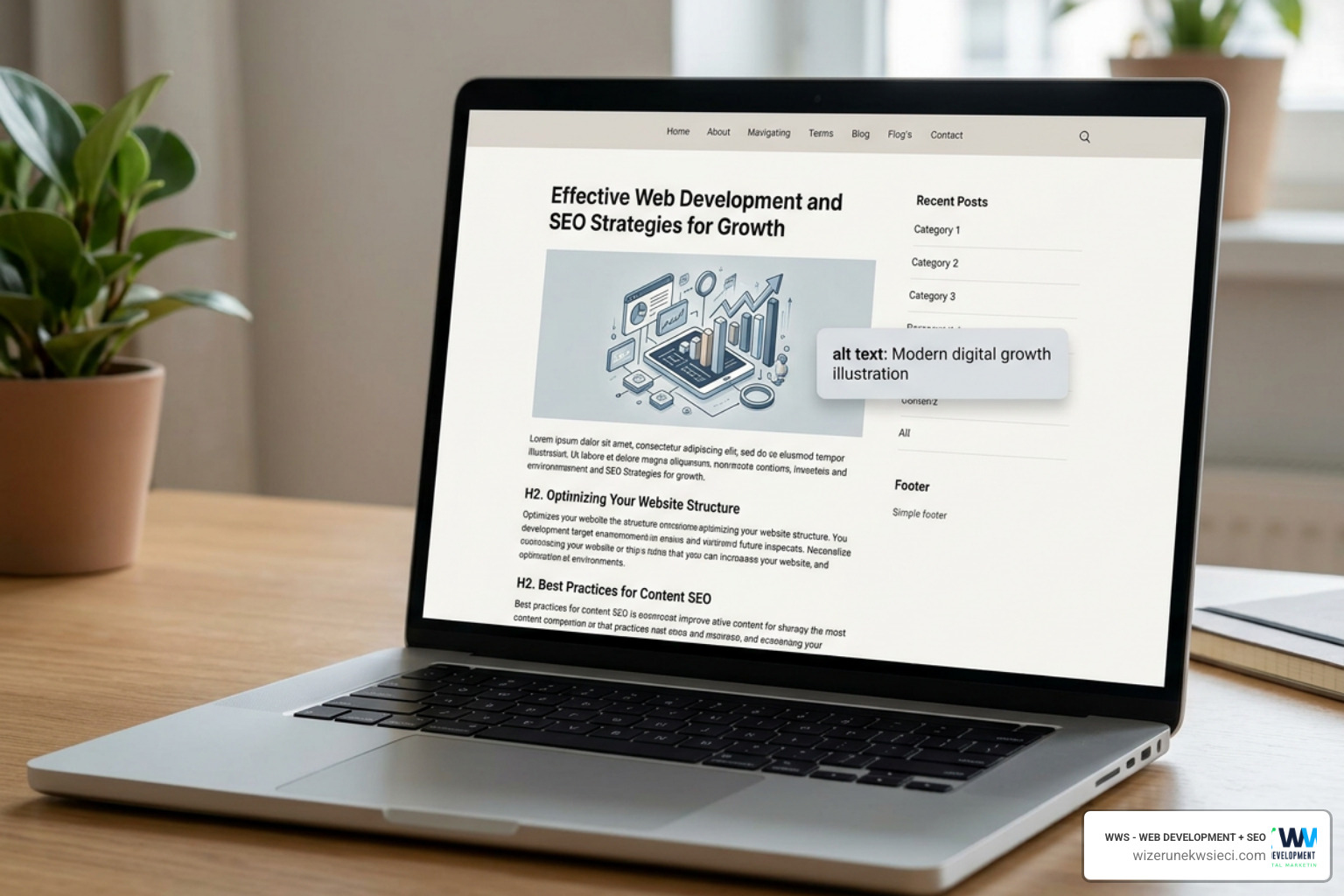 visual layout of an optimized blog post structure showing H1, H2, and image alt text