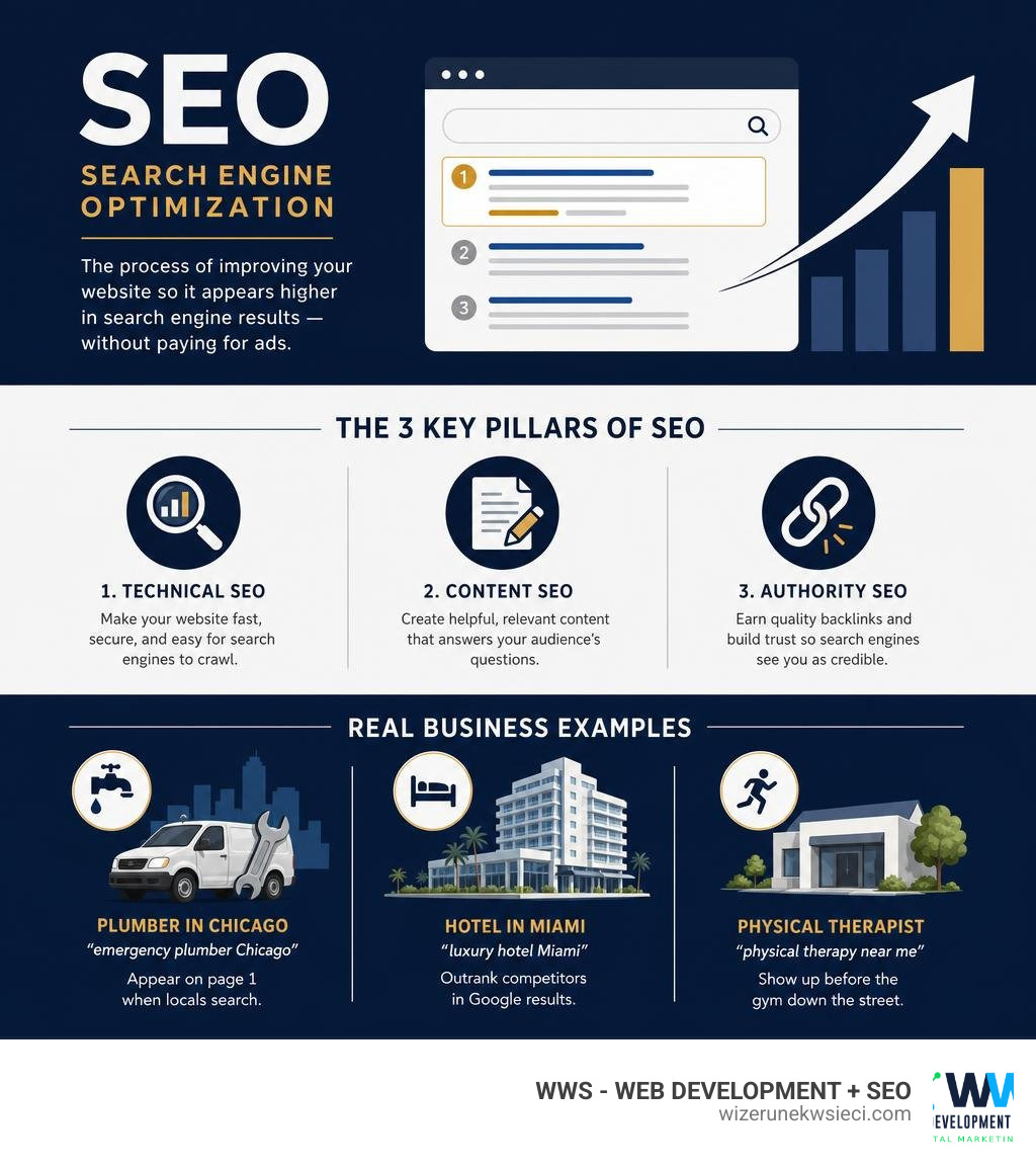 infographic showing SEO definition, key pillars, and real business examples infographic