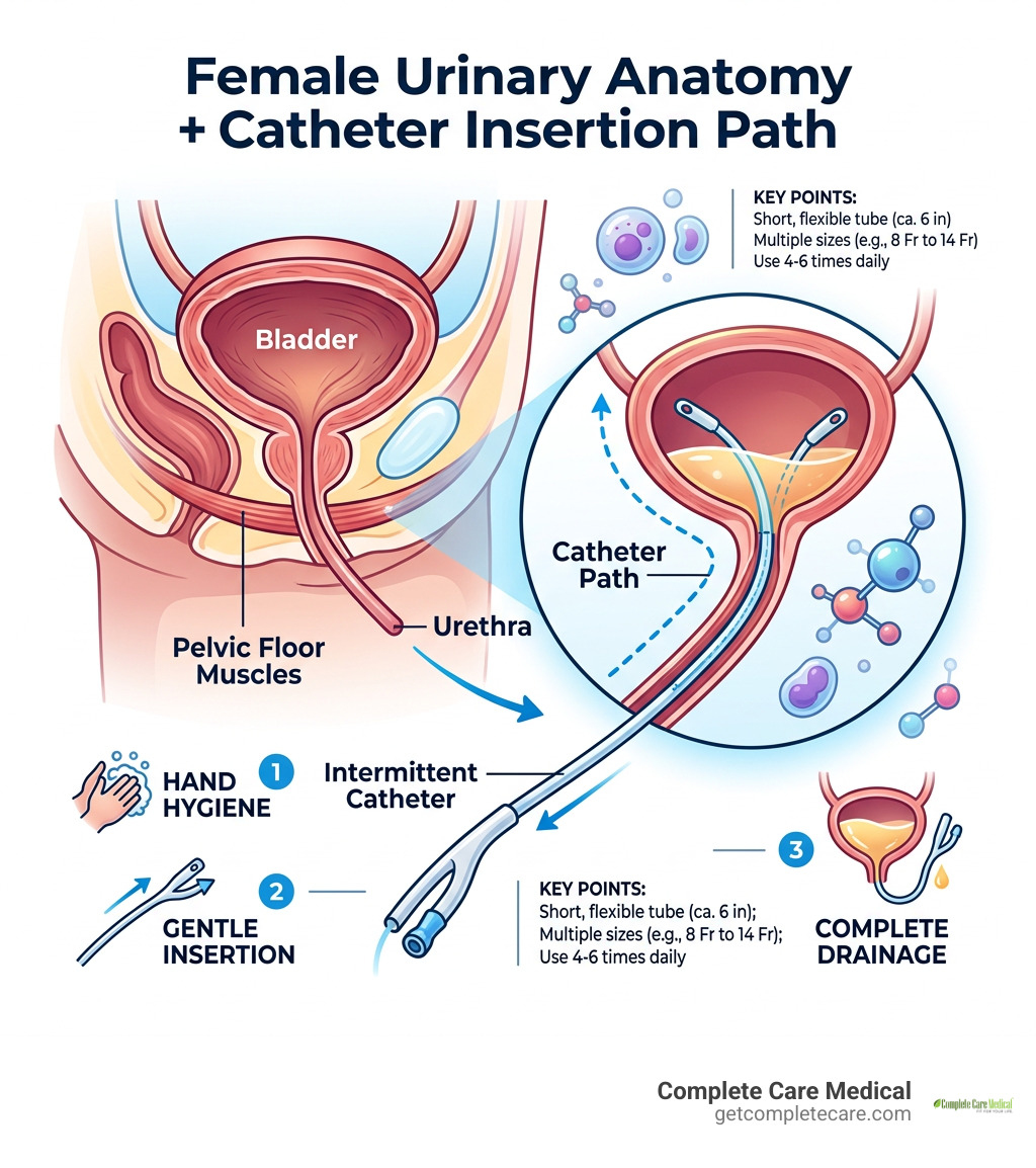 Female urinary anatomy and catheter insertion path infographic infographic