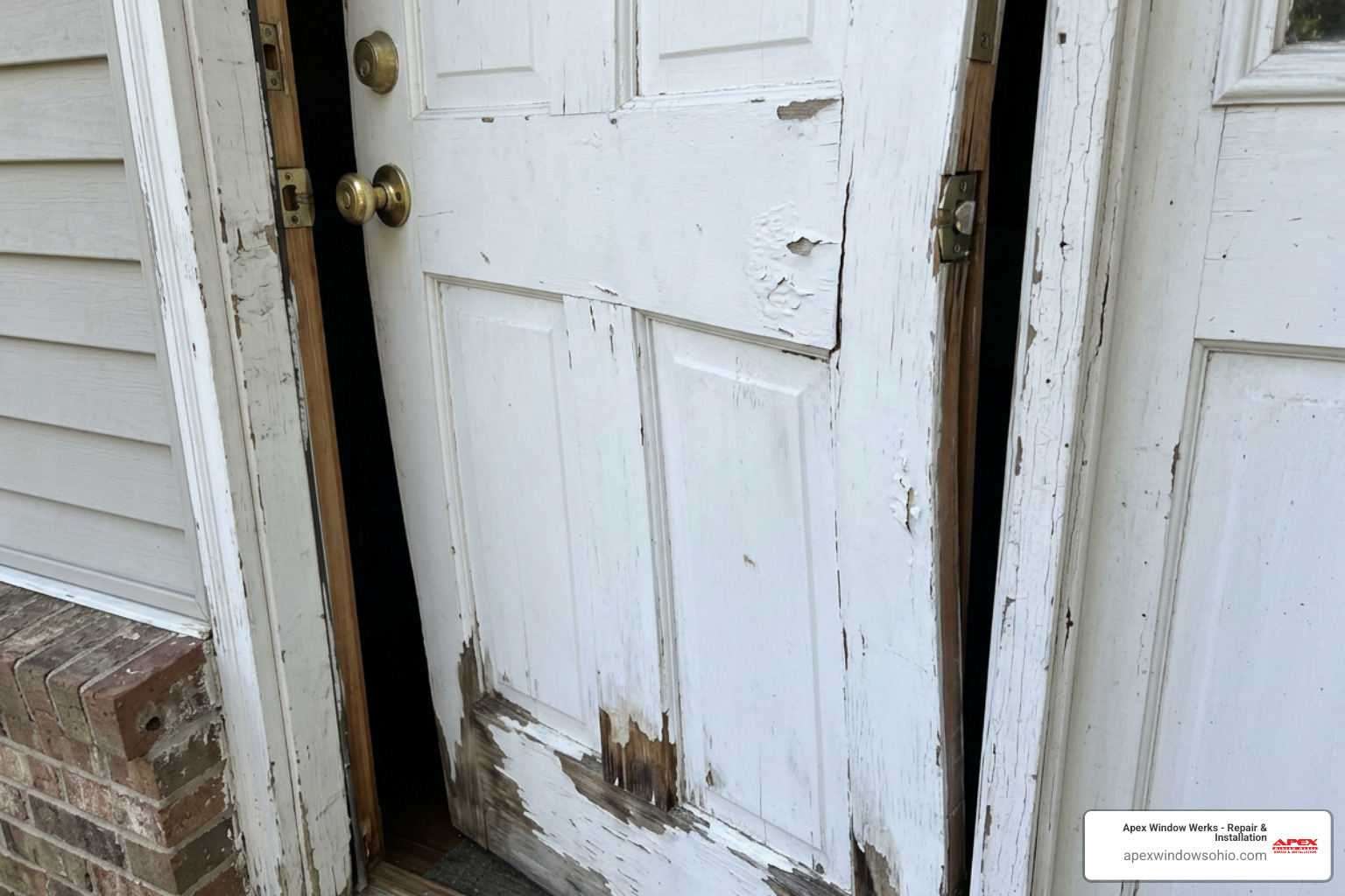 misaligned front door frame showing gaps and weather damage misaligned front door frame showing gaps and weather damage