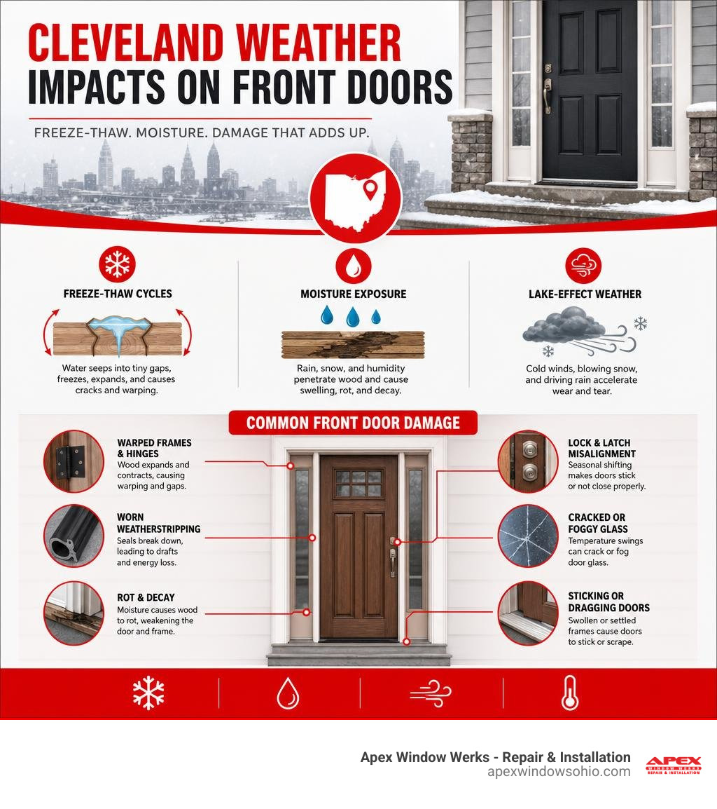 Cleveland weather impacts on front doors infographic showing freeze-thaw, moisture, and common damage types infographic Cleveland weather impacts on front doors infographic showing freeze-thaw, moisture, and common damage types infographic