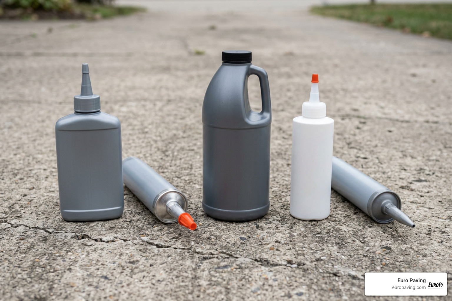 A close-up of different concrete crack filler bottles arranged on a driveway