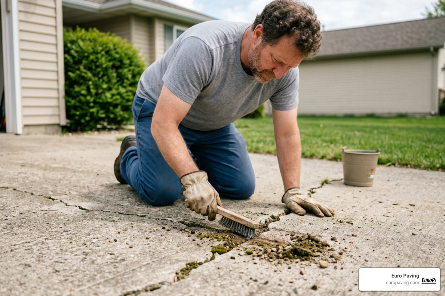 A homeowner using a wire brush to clean out debris from a concrete driveway crack