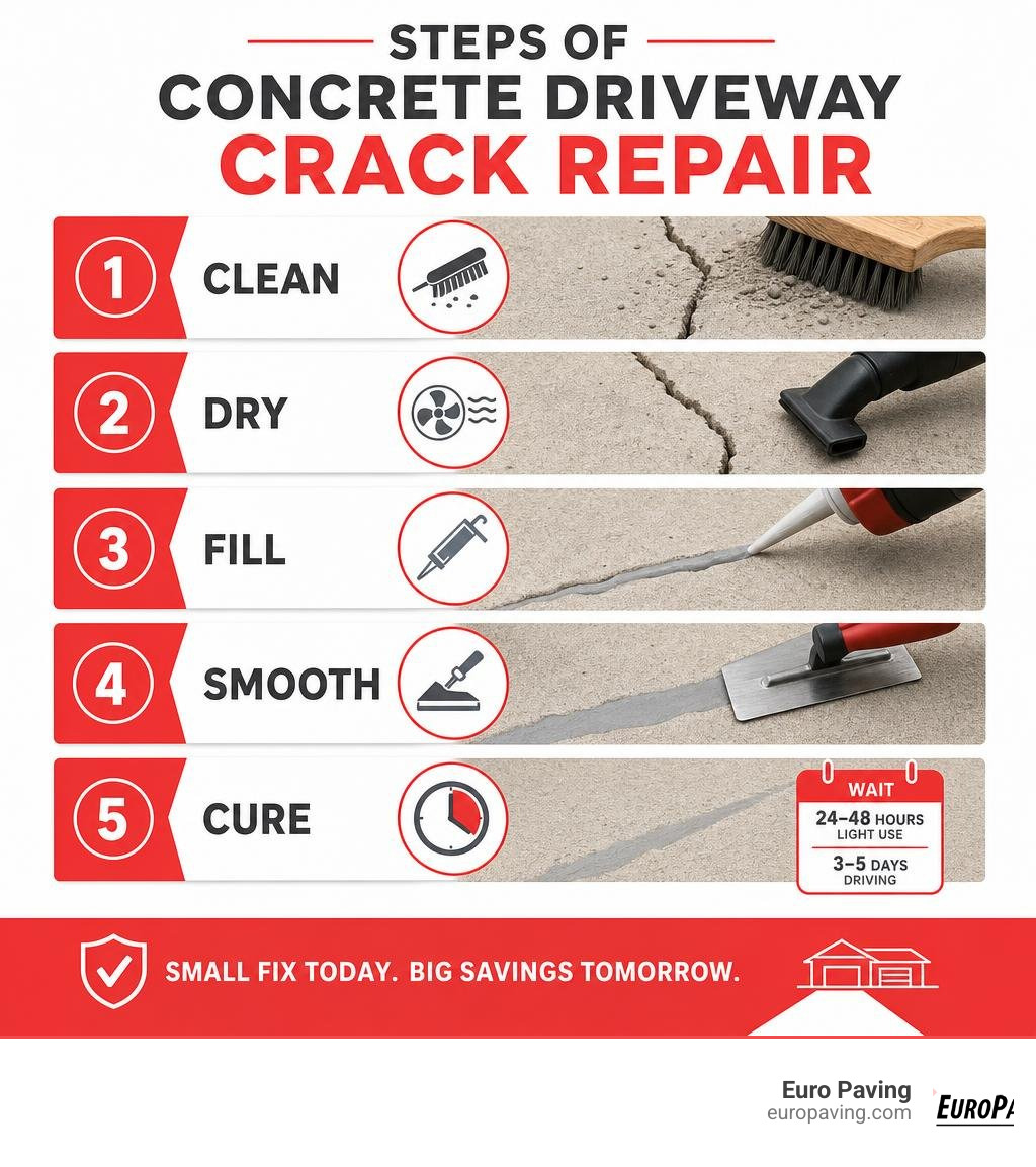 Steps of concrete driveway crack repair: clean, dry, fill, smooth, cure infographic