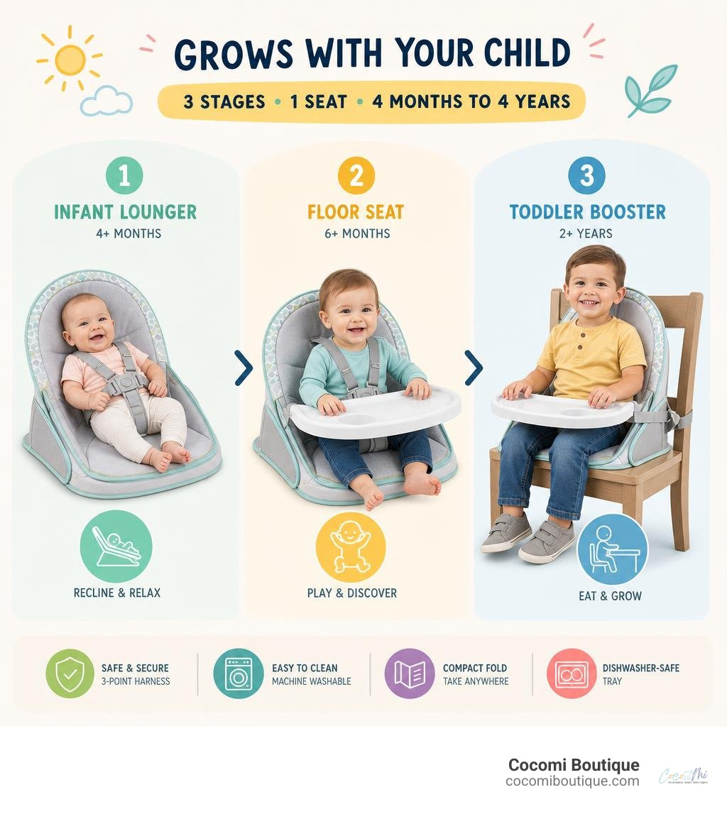 Infographic showing transition stages of summer pop n sit recline lounger from infant to toddler booster infographic