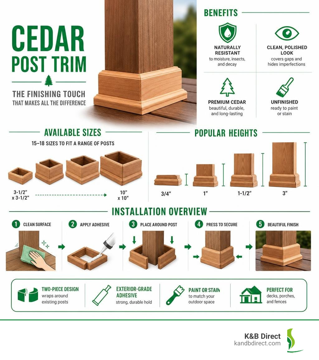 Infographic showing cedar post trim benefits, sizes, heights, and installation overview infographic Infographic showing cedar post trim benefits, sizes, heights, and installation overview infographic