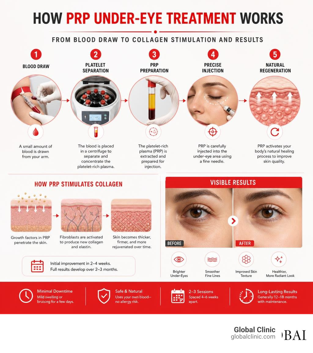 How PRP under-eye treatment works — from blood draw to collagen stimulation and results infographic