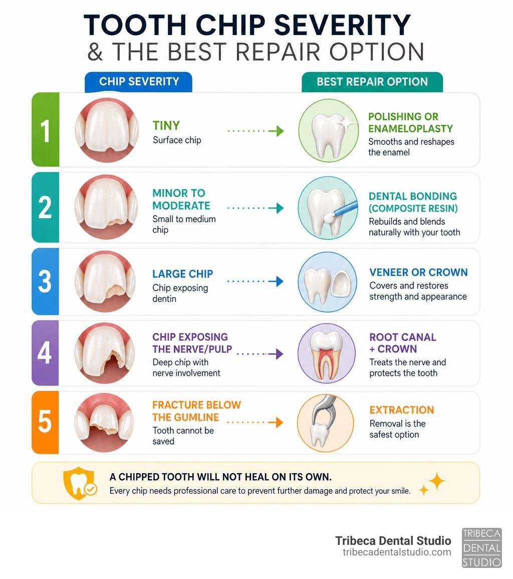 infographic showing tooth chip severity levels and corresponding repair options from bonding to crown infographic infographic showing tooth chip severity levels and corresponding repair options from bonding to crown infographic