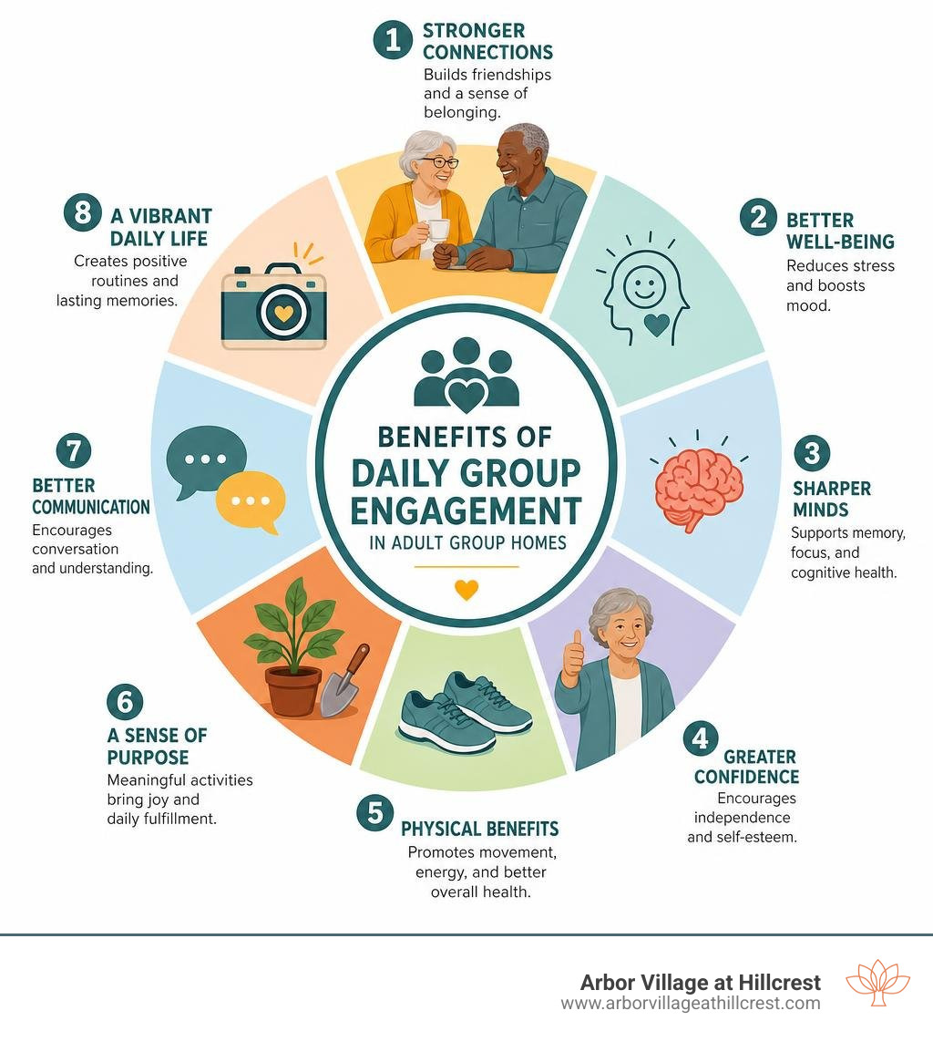 Benefits of daily group engagement in adult group homes infographic infographic