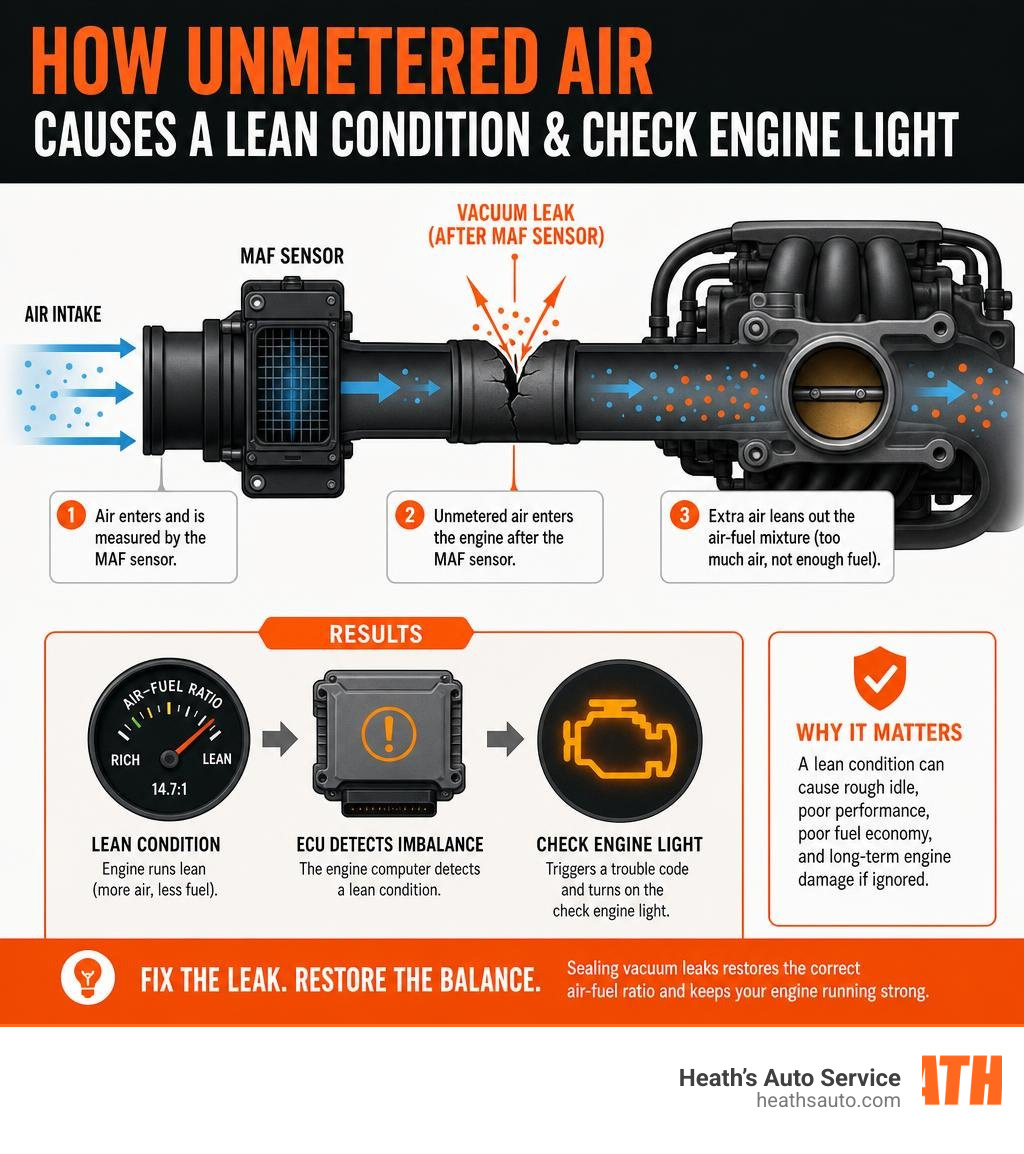 Infographic showing how unmetered air enters engine after MAF sensor causing lean condition and check engine light Infographic showing how unmetered air enters engine after MAF sensor causing lean condition and check engine light