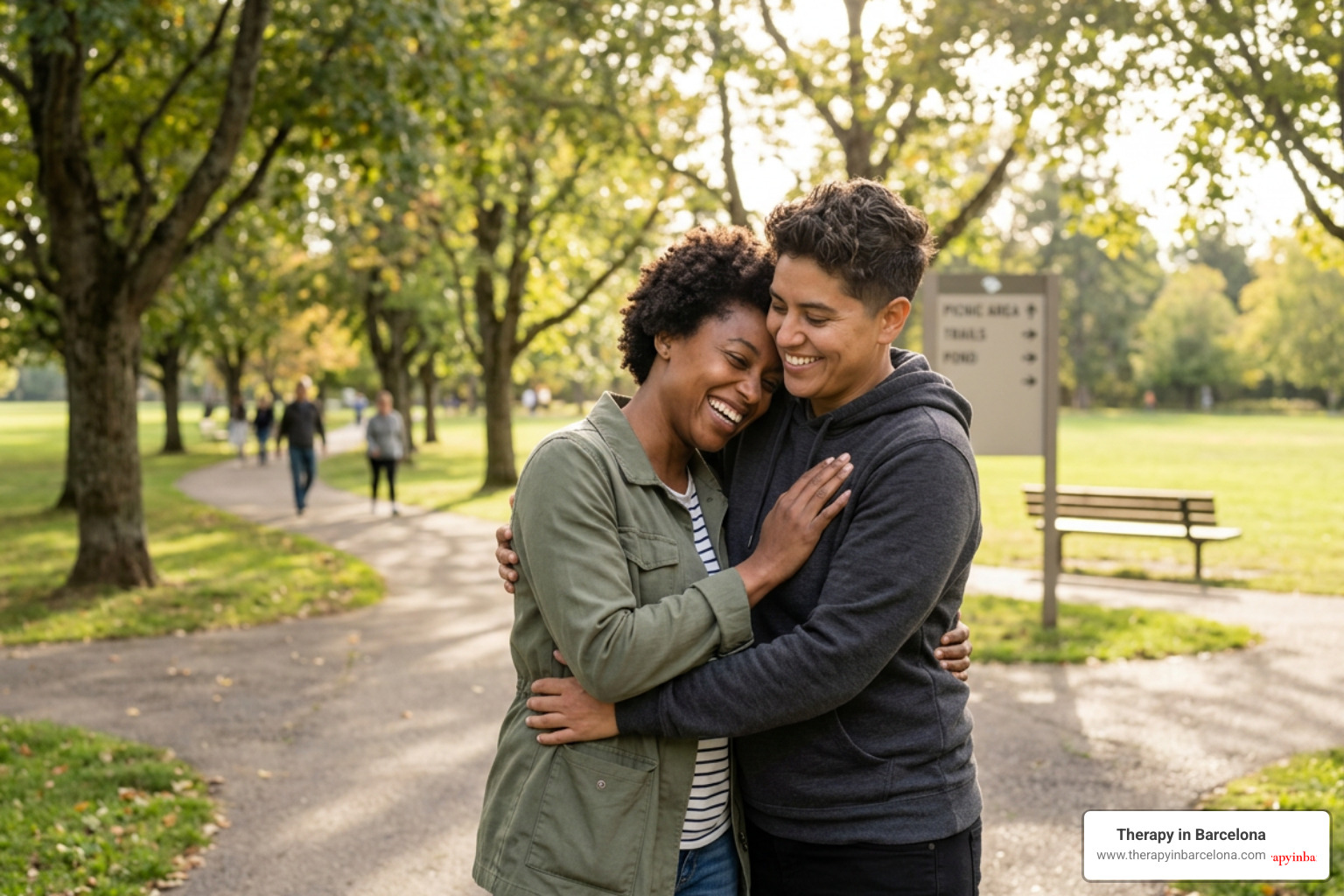 LGBTQ couples therapy - diverse queer couple sharing a warm moment outdoors in Barcelona