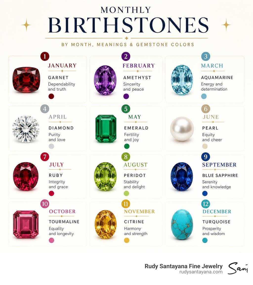Monthly birthstones by month with meanings and gemstone colors infographic infographic