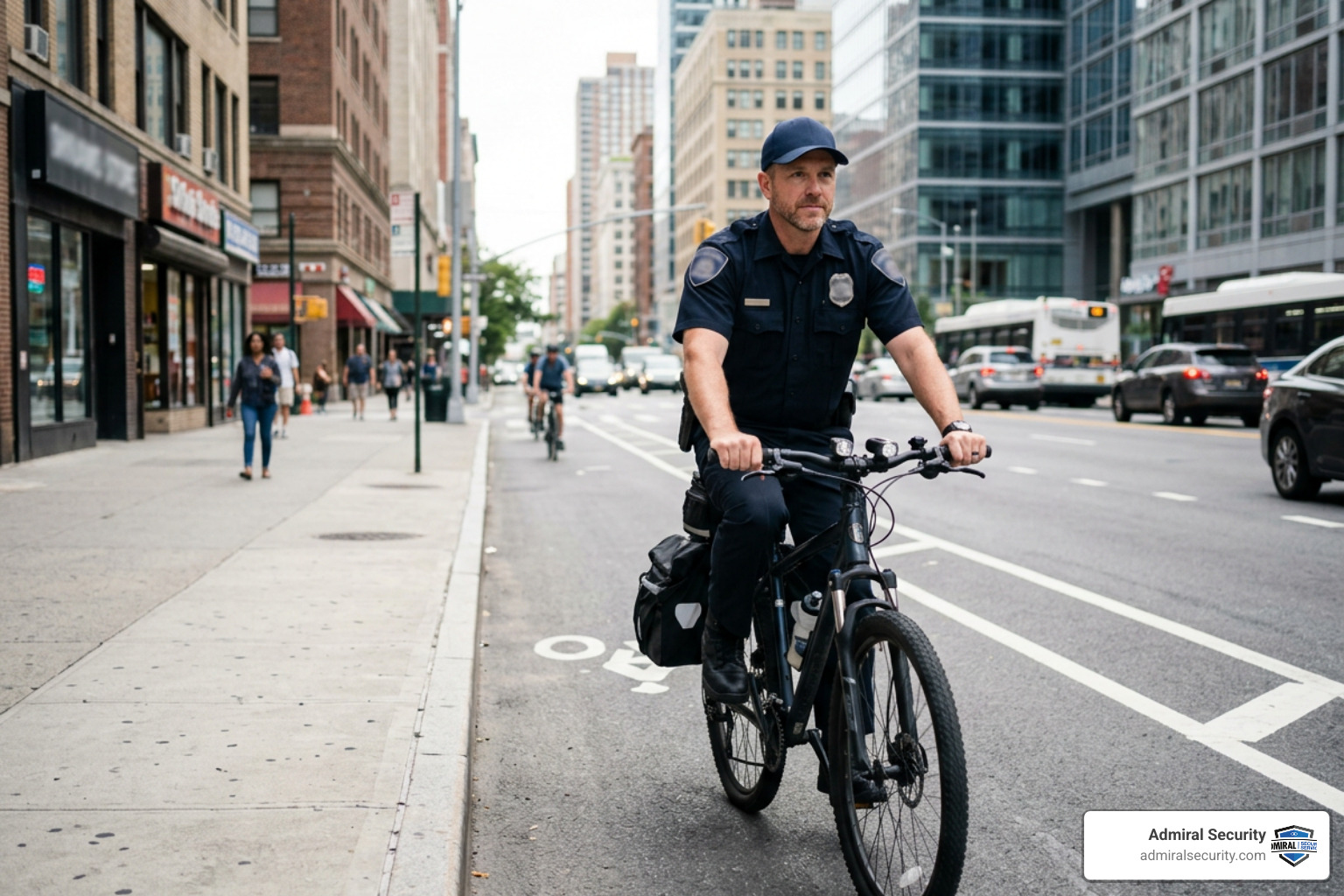 Uniformed security officer on a bicycle patrol with blurred badges on the uniform Uniformed security officer on a bicycle patrol with blurred badges on the uniform