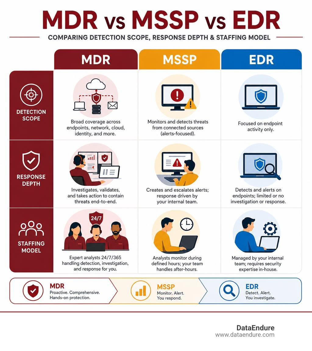 MDR vs MSSP vs EDR comparison infographic showing detection scope, response depth, and staffing model infographic MDR vs MSSP vs EDR comparison infographic showing detection scope, response depth, and staffing model infographic