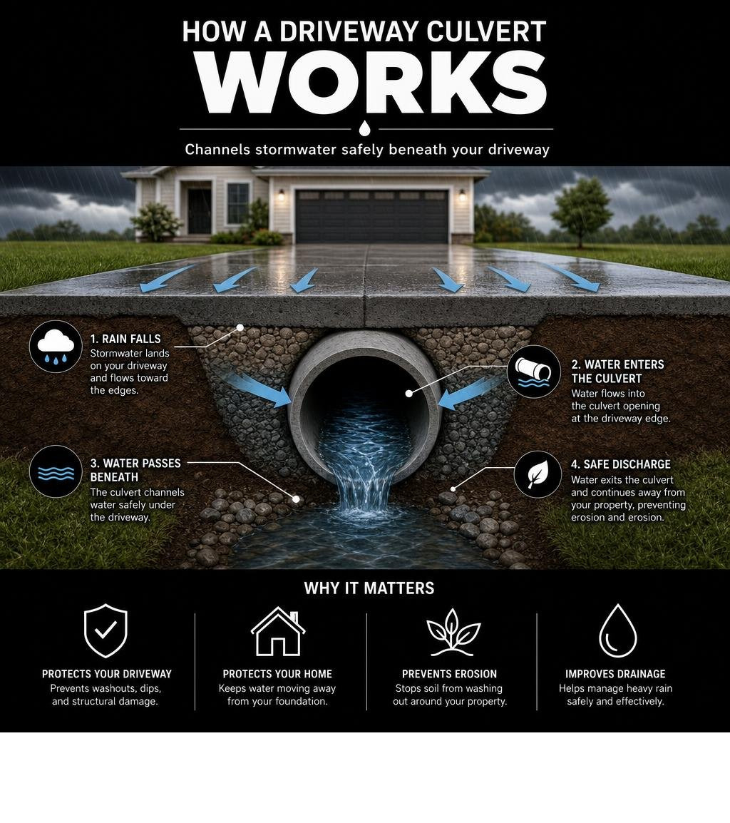 how a driveway culvert carries stormwater beneath a residential driveway