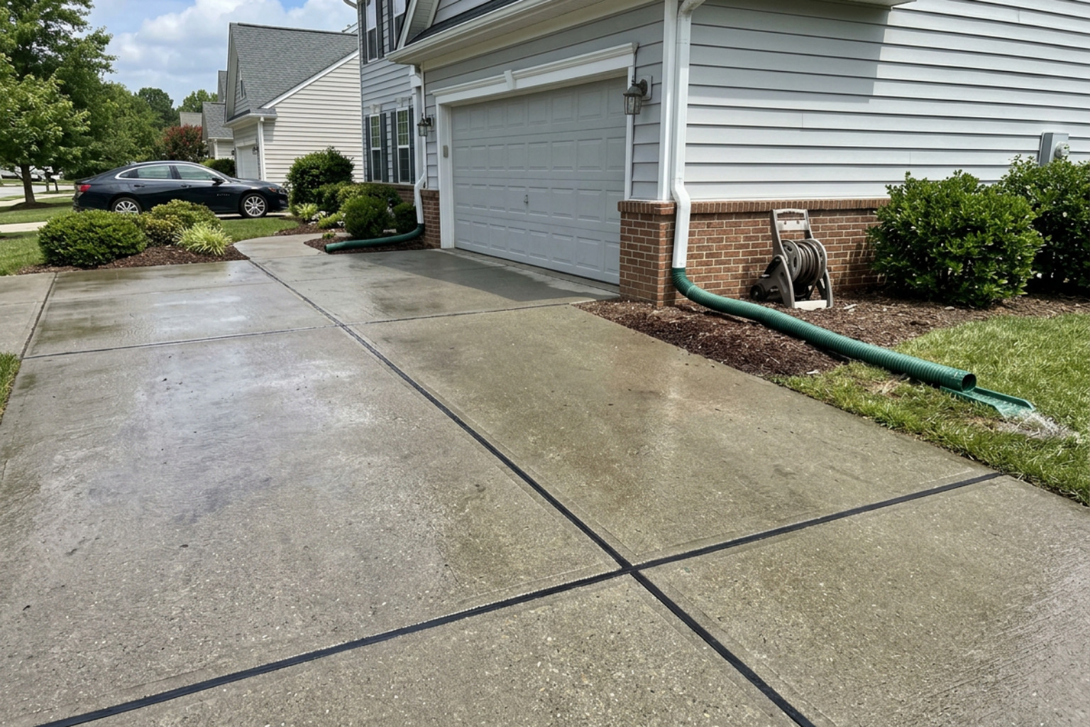 Proper driveway drainage layout showing downspout extensions and sealed joints
