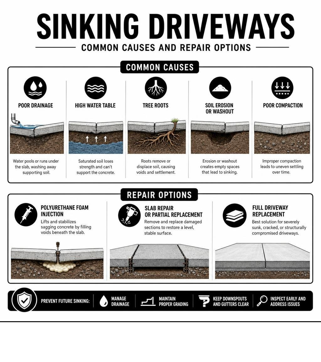 Common causes and repair options for sinking driveways infographic infographic
