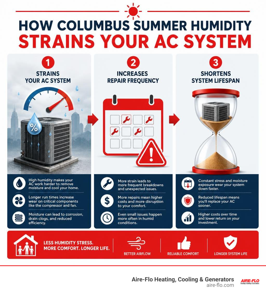 Infographic showing how Columbus summer humidity strains an AC system, increases repair frequency, and shortens system