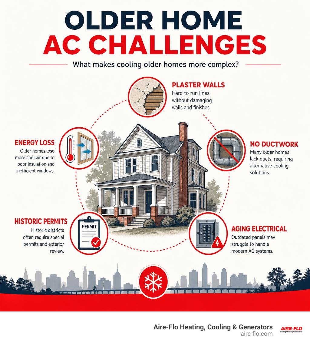 Older home AC challenges infographic: plaster walls, no ductwork, aging electrical, historic permits, energy loss infographic Older home AC challenges infographic: plaster walls, no ductwork, aging electrical, historic permits, energy loss infographic