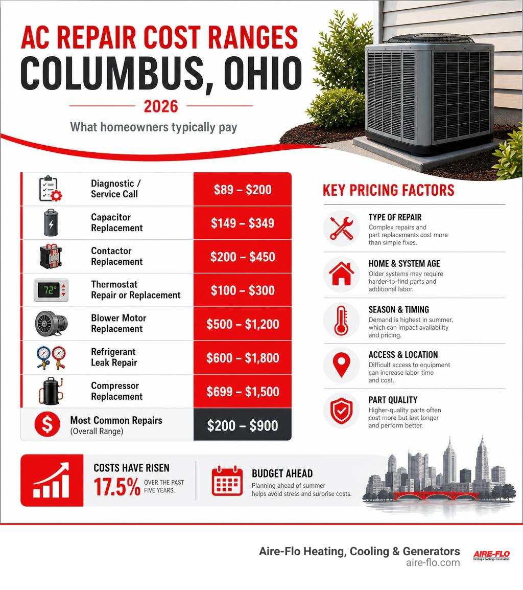 Infographic showing typical AC repair cost ranges and key pricing factors for Columbus Ohio homeowners in 2026 infographic